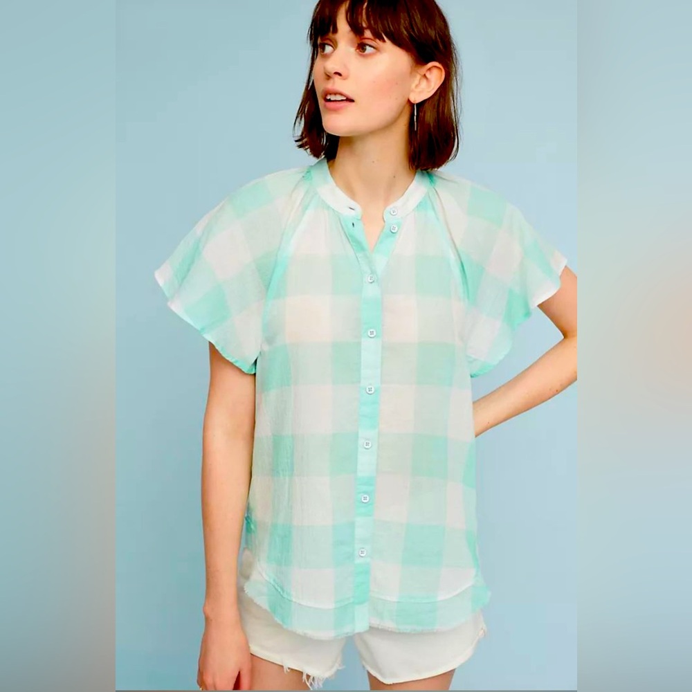 267 // EUC // Anthropologie (MAEVE) Gingham Flutter Top in MINT // S